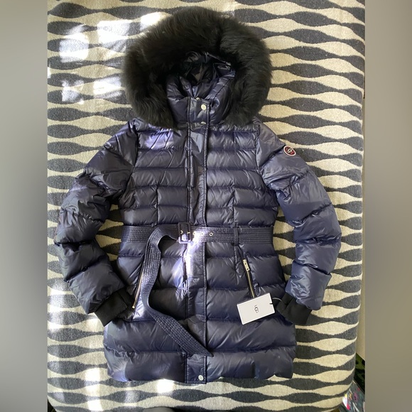 NWT UGG Valerie Navy belted down hooded parka sheep fur collar women’s size M - Picture 16 of 16